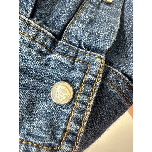 Versace Blue Denim Long Sleeve Pearl Snap Yellow Versace Logo Shirt 41 / Medium - Picture 3 of 16